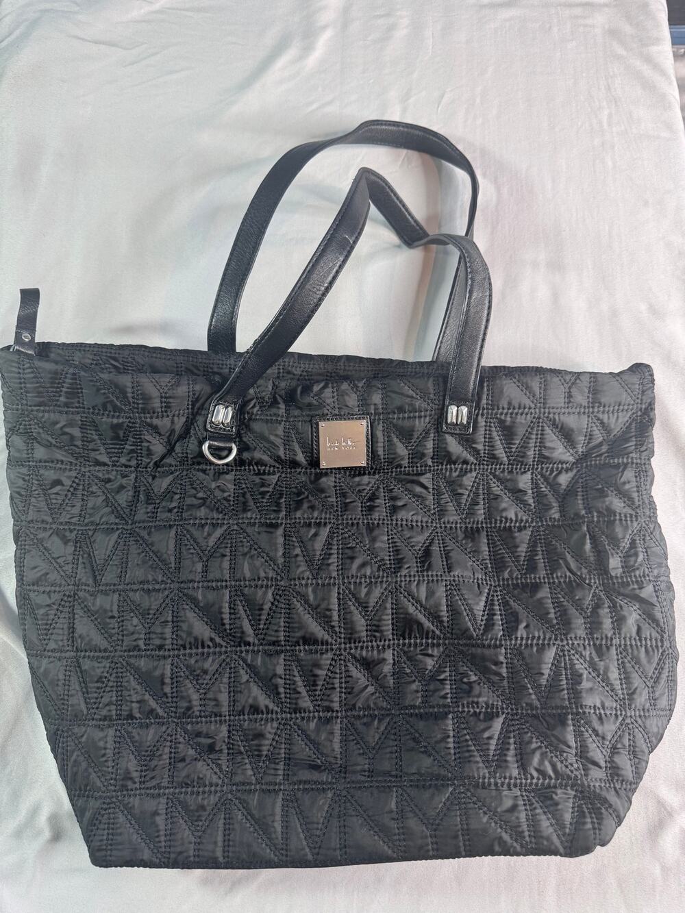 Nicole Miller New York Black Quilted Tote Bag Animal Print Lining Shoulder